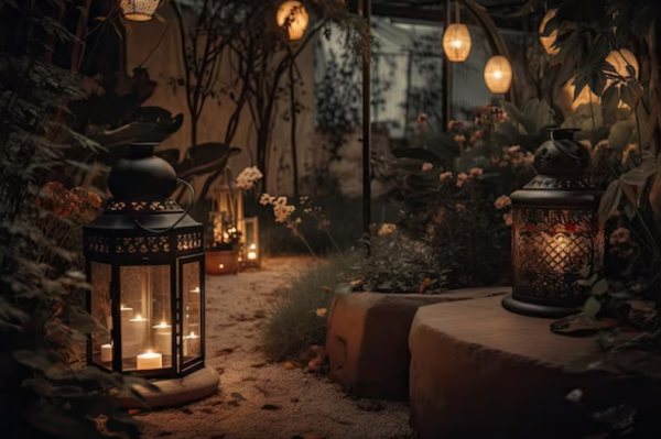 Taman dengan lampion dan hiasan lampu untuk suasana romantis